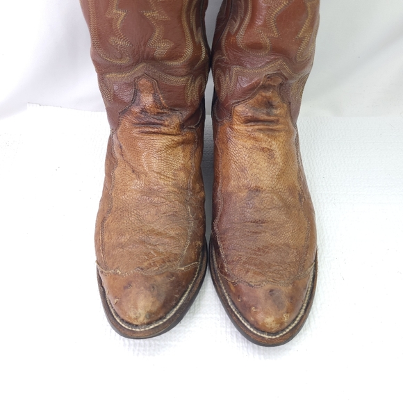 Justin Western Boots Ostrich Quill Snake Brown Leather Pull On Cowboy Shoes 8.5D - Picture 3 of 11